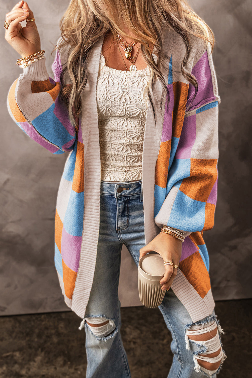 Orange Checkered Drop Shoulder Exposed Seam Open Front Cardigan - The Fair Lady Shop