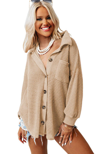 Khaki Waffle Knit Pocket Button Front Shacket - The Fair Lady Shop