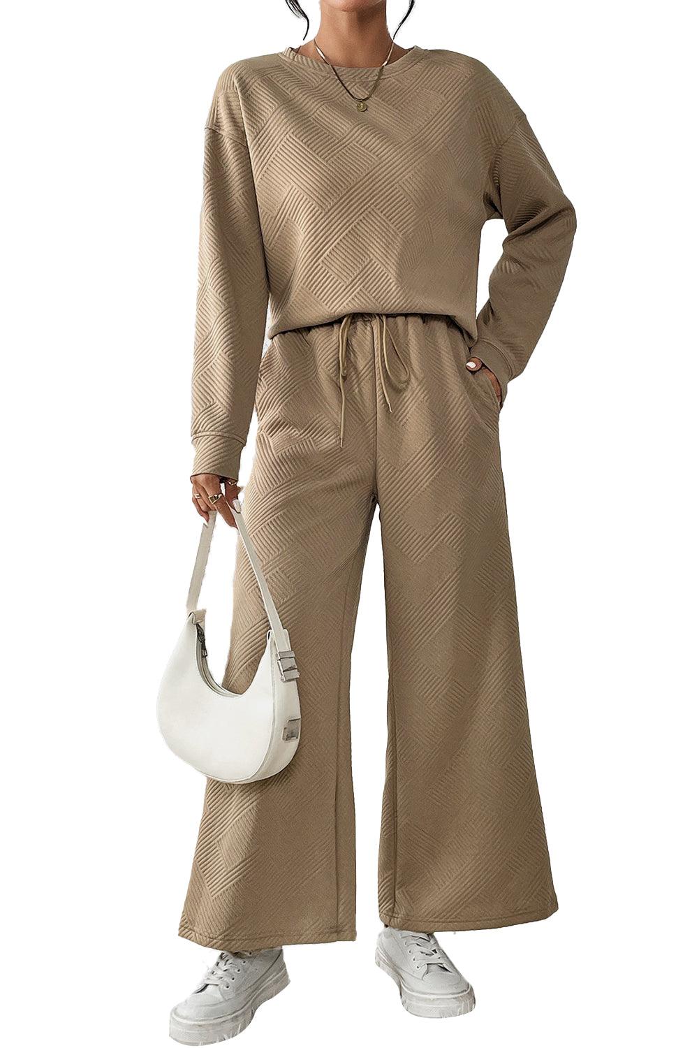 Dark Brown Textured Loose Slouchy Long Sleeve Top and Pants Set - The Fair Lady Shop