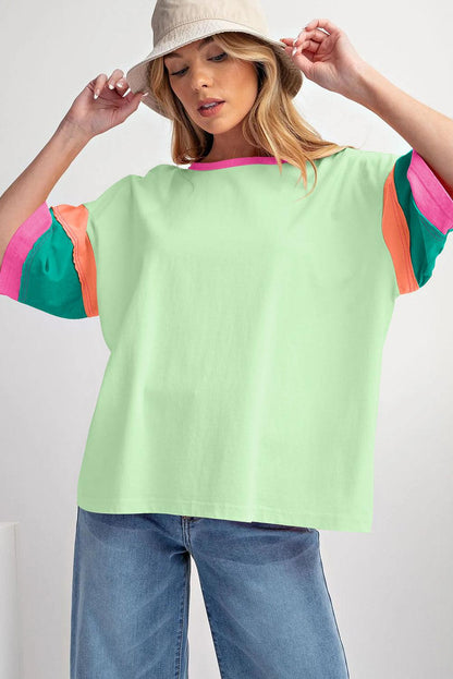 Pink Color Block Sleeve Round Neck Oversize Top - The Fair Lady Shop