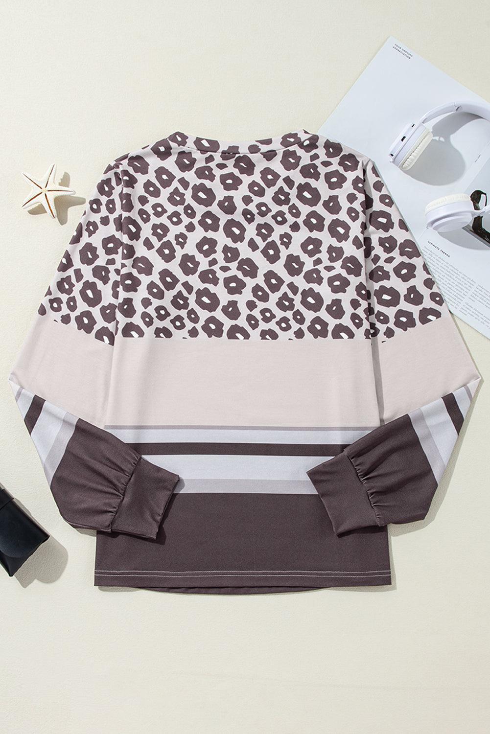 Khaki Leopard Striped Color Block Long Sleeve Top - The Fair Lady Shop