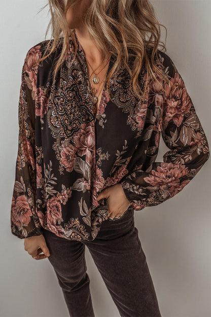 Black Floral Print Criss Cross V Neck Balloon Sleeve Blouse - The Fair Lady Shop