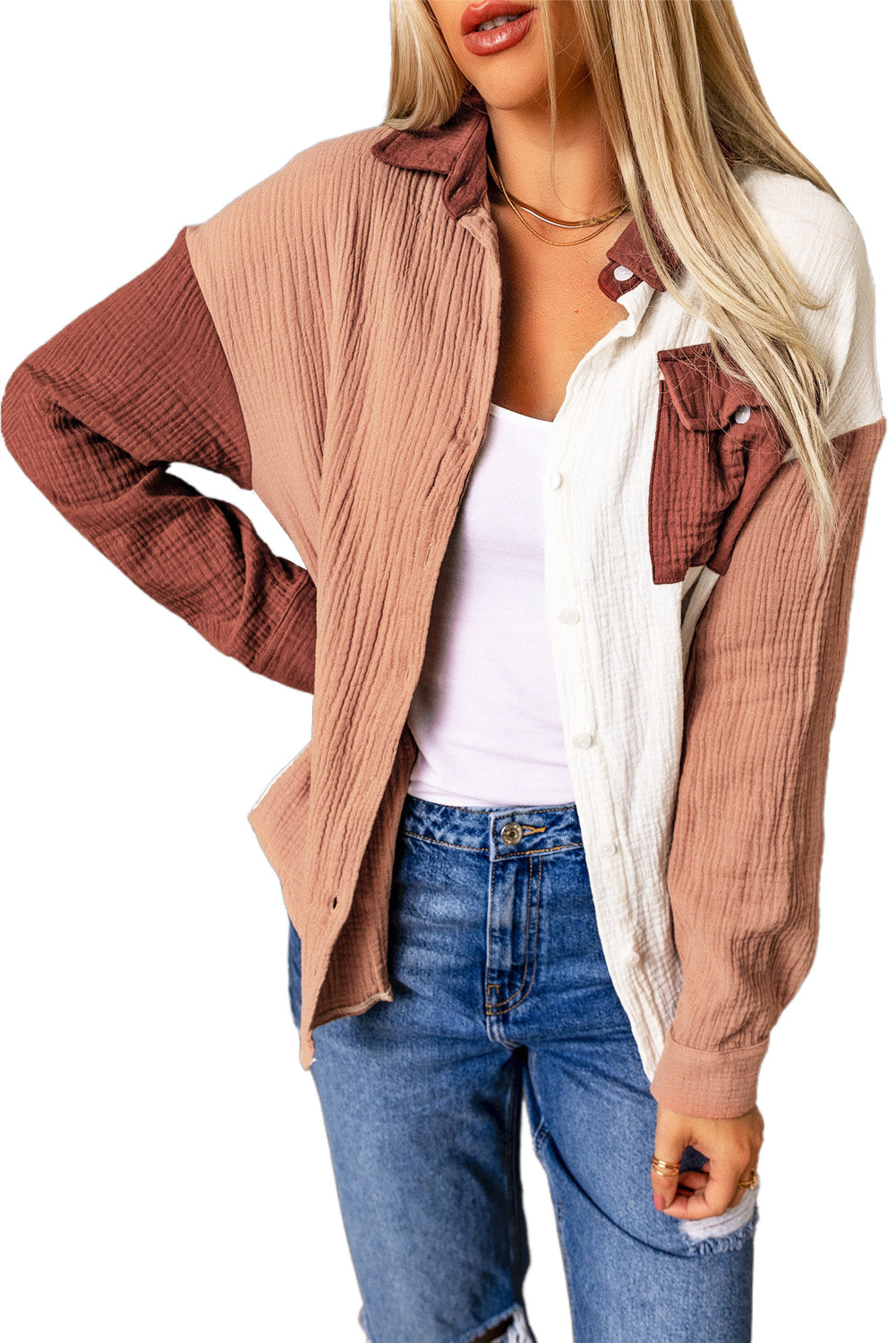 Brown Color Block Pockets Textured Long Sleeve Shacket - The Fair Lady Shop