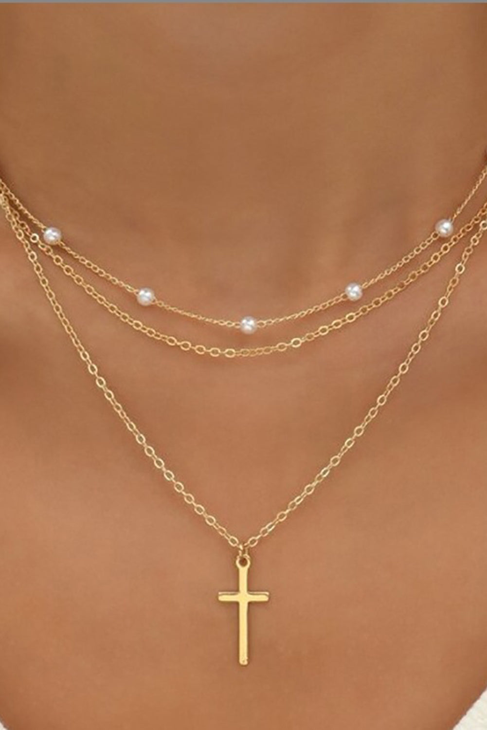 Gold Retro Multi-Layer Pearl and Cross Pendant Necklace Set - The Fair Lady Shop
