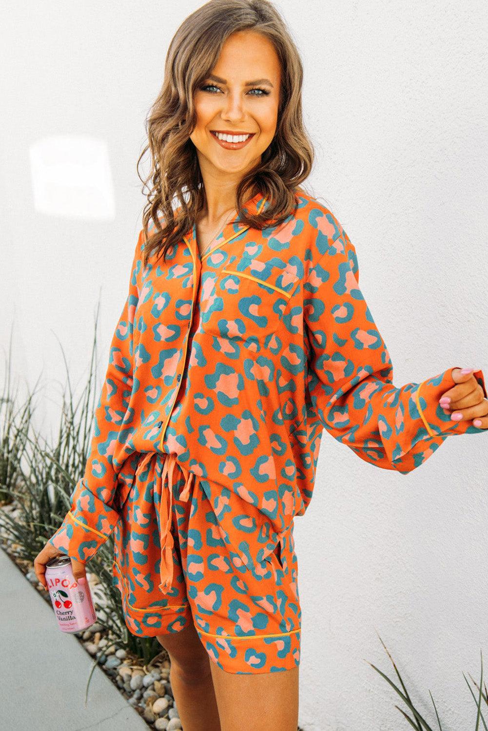 Orange Leopard Print Long Sleeve Shirt and Shorts Pajama Set - The Fair Lady Shop