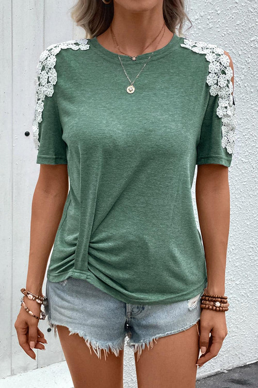 Green Lace Applique Cold Shoulder Ruched T-shirt - The Fair Lady Shop