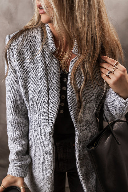 Light Grey Lapel Collar Pocketed Long Jacket - The Fair Lady Shop