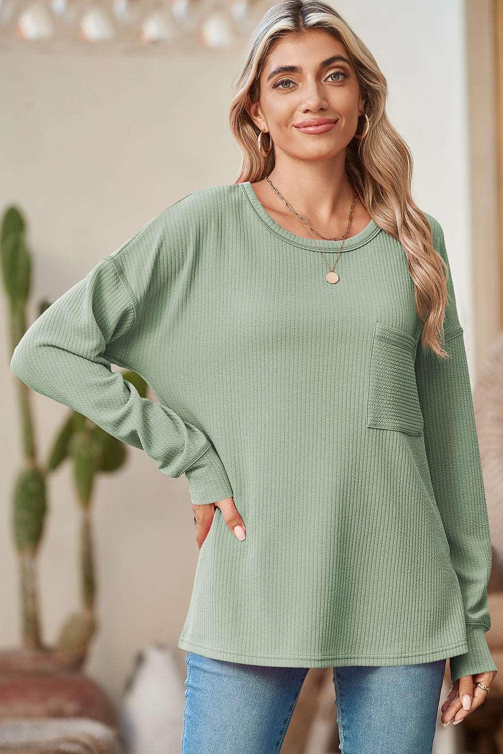 Apricot Pocketed Ribbed Long Sleeve Top - The Fair Lady Shop