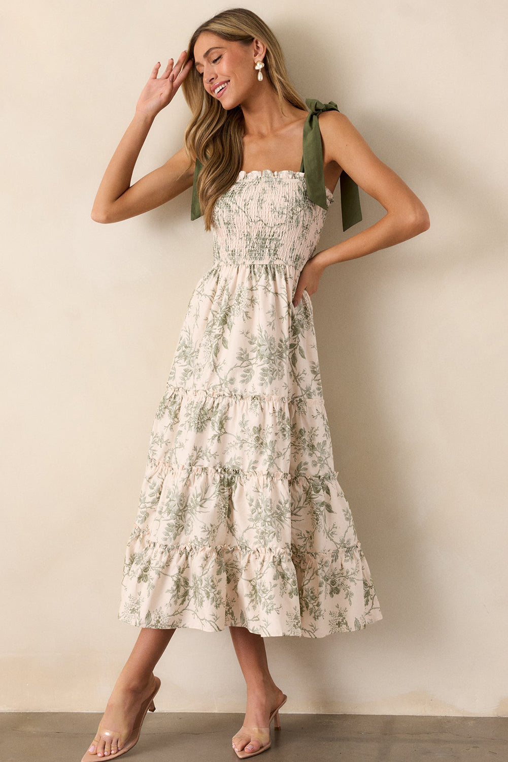Green Floral Smocked High Waist Tiered Midi Dress - The Fair Lady Shop