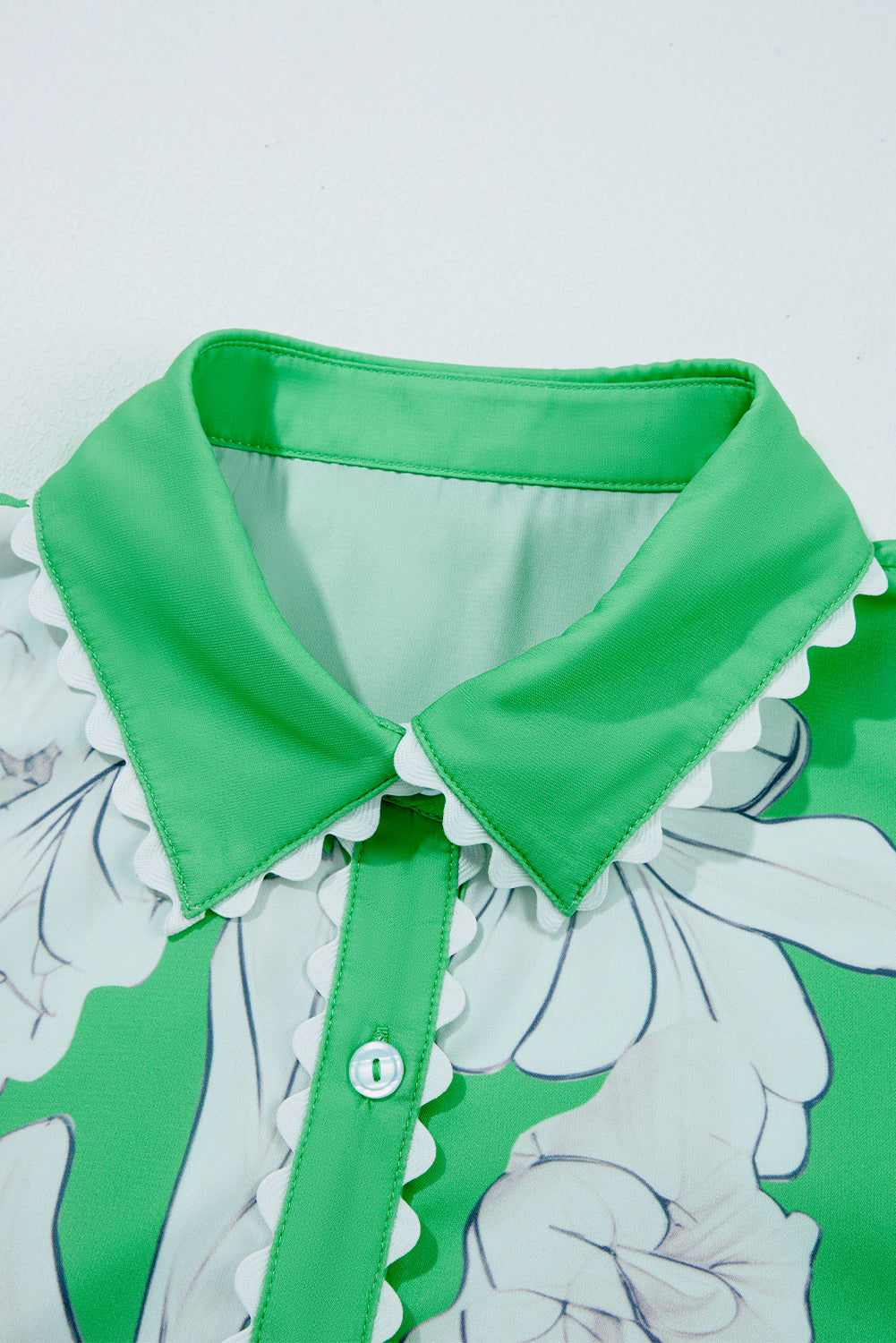 Green Floral Print Ric Rac Trim Puff Sleeve Button Up Shirt - The Fair Lady Shop