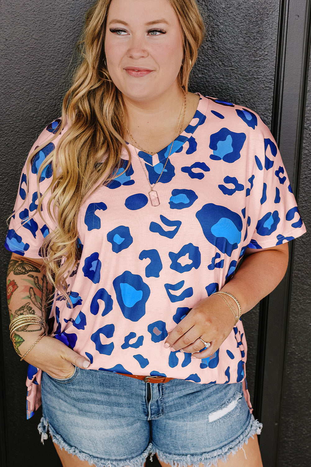 Pink Leopard Print V Neck Plus Size Tee - The Fair Lady Shop