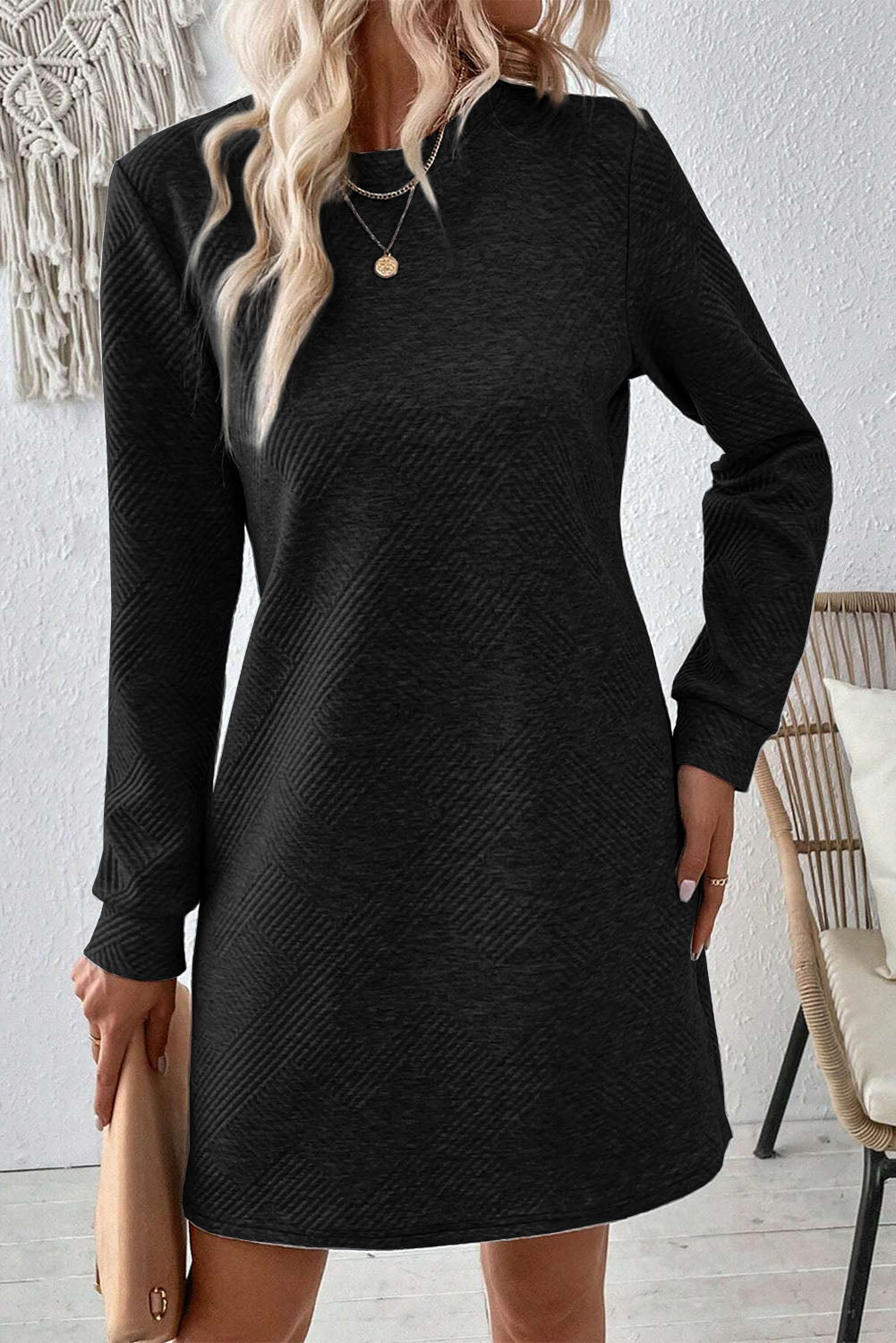 Apricot Plain Textured Long Sleeve Shift Short Dress - The Fair Lady Shop