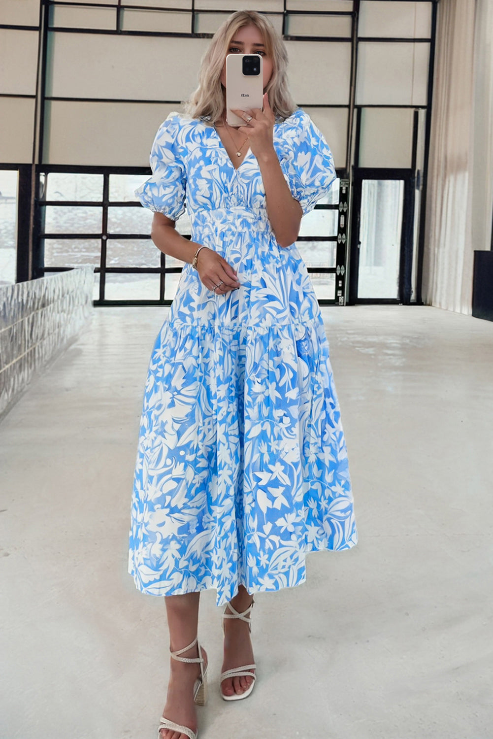 Sky Blue Floral Print Deep V Neck Puff Sleeve Flowy Dress - The Fair Lady Shop