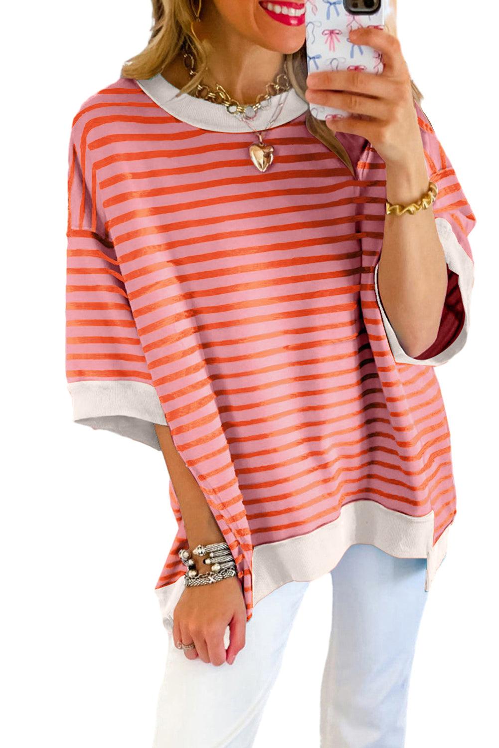 Pink Stripe Colorblock Drop Sleeve Oversized T Shirt - The Fair Lady Shop