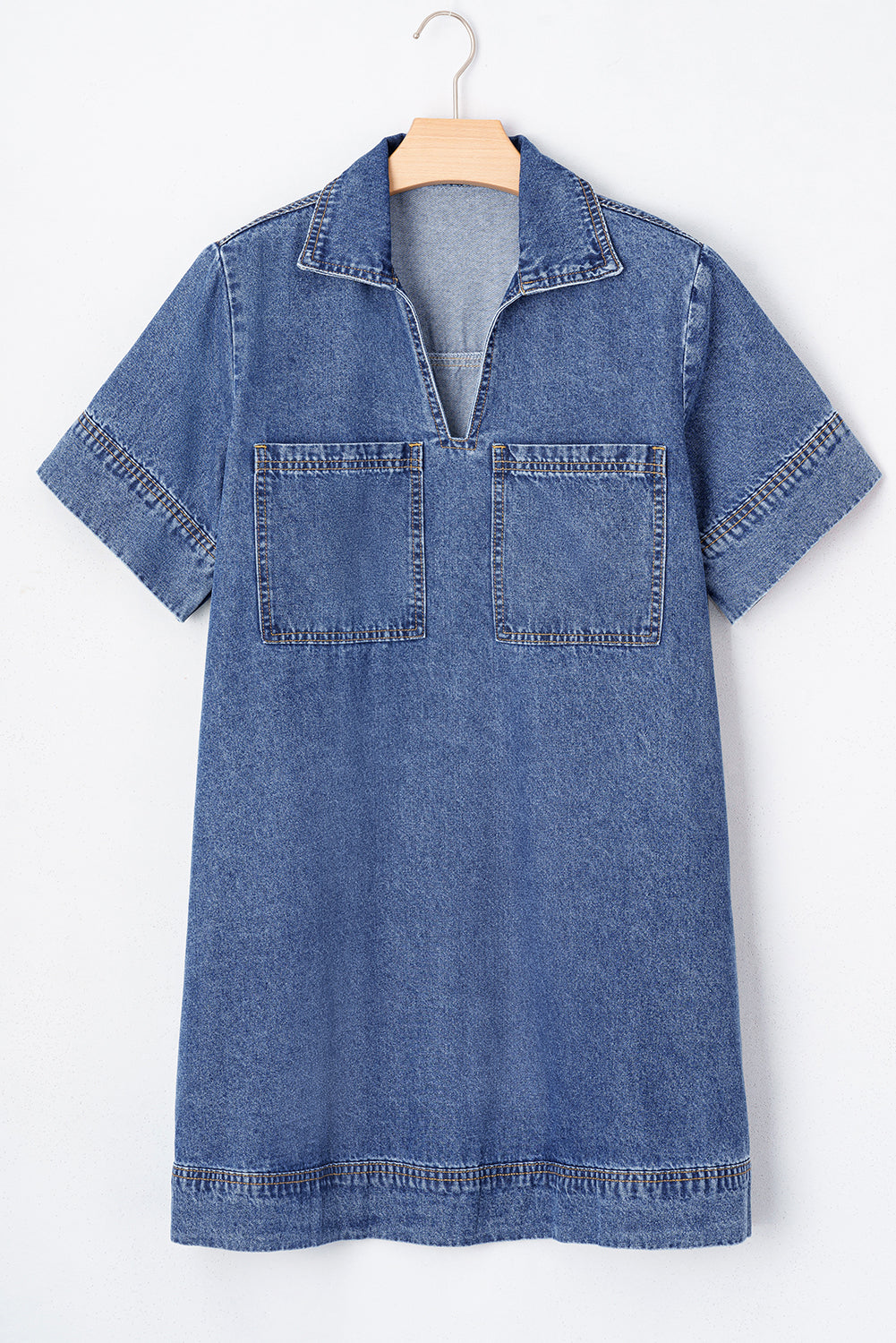Blue Short Sleeve Collared Chest Pocket Denim Mini Dress - The Fair Lady Shop