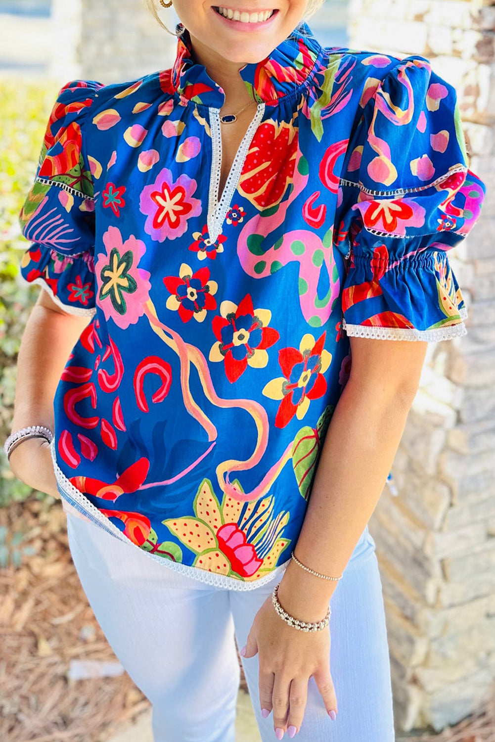Blue Frill V-neck Abstract Print Blouse - The Fair Lady Shop