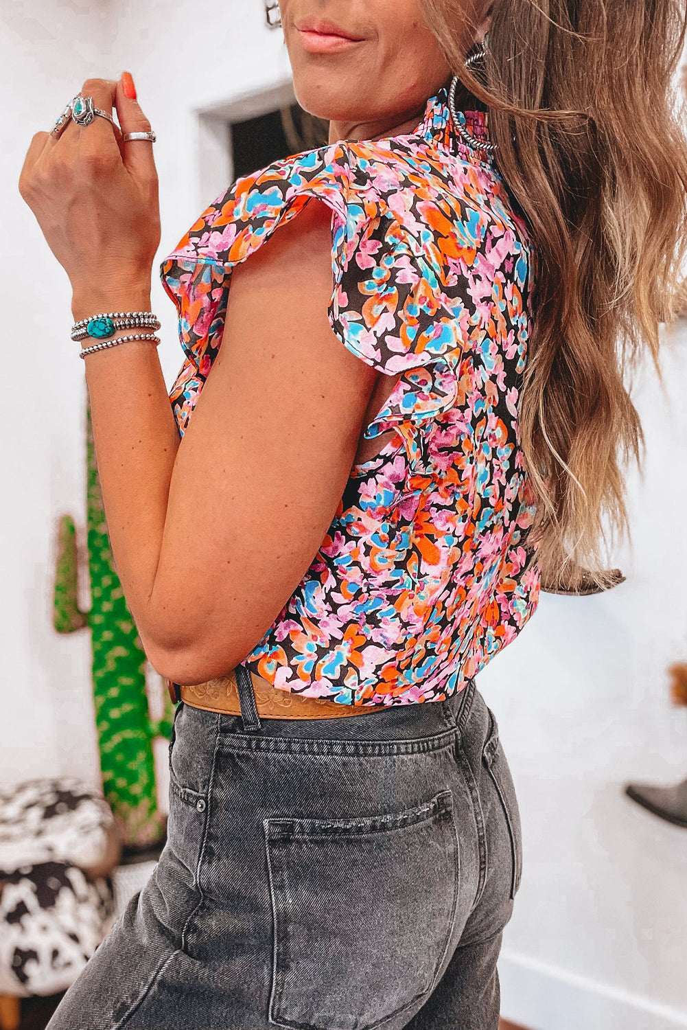 Orange Floral Print Shirred Stand Neck Flutter Shoulder Blouse - The Fair Lady Shop