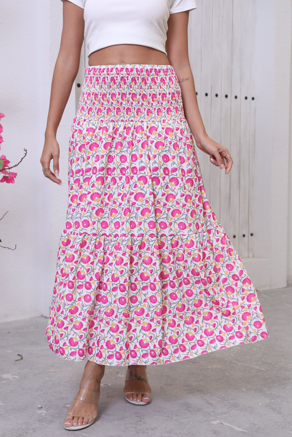 Pink Boho Floral Print Shirred Large Swing Skirt - The Fair Lady Shop