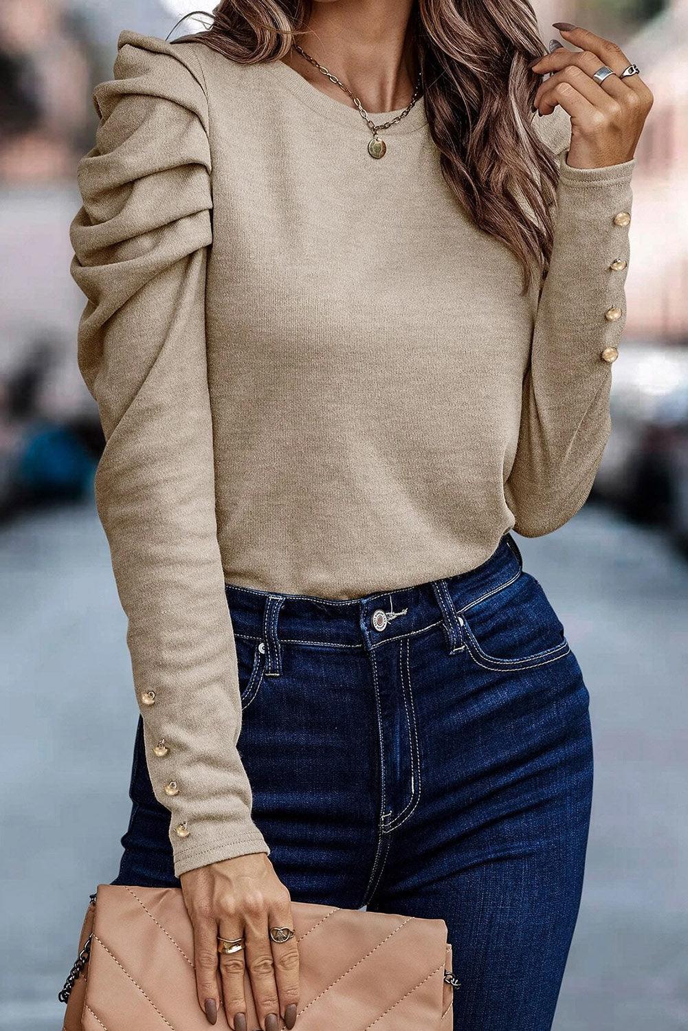 Khaki Plain Buttoned Puff Long Sleeve Sheath Top - The Fair Lady Shop