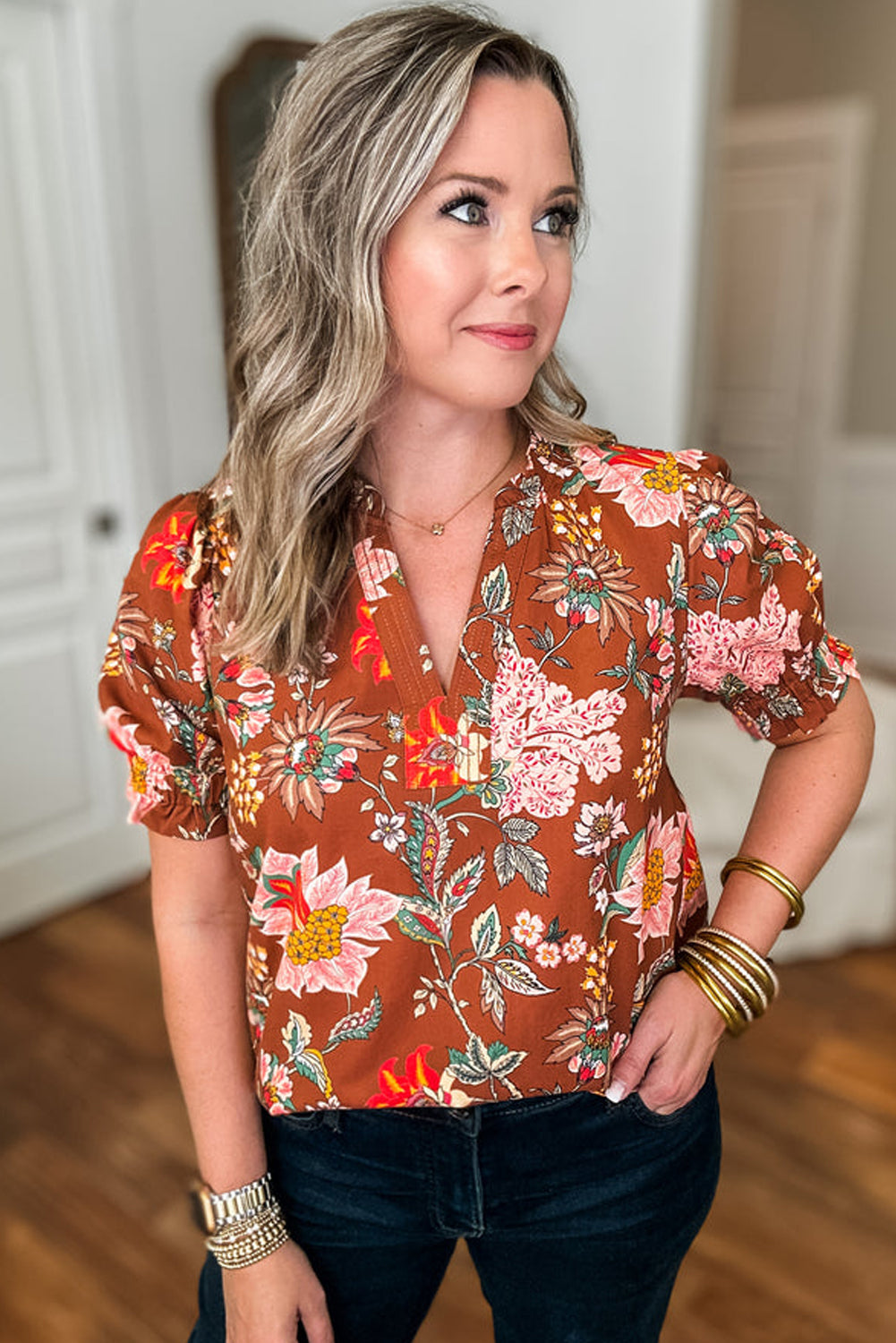 Brown Floral Frill Trim Plus Size Puff Sleeve Blouse - The Fair Lady Shop