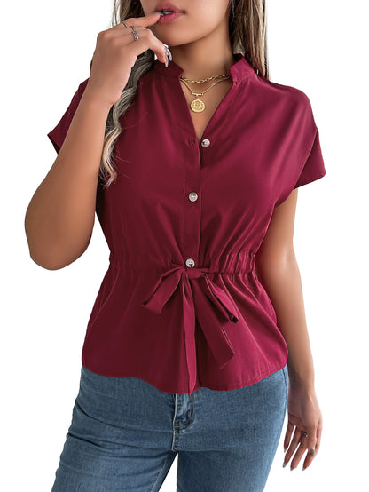 Red Dahlia Solid Color Button Drawstring Blouse