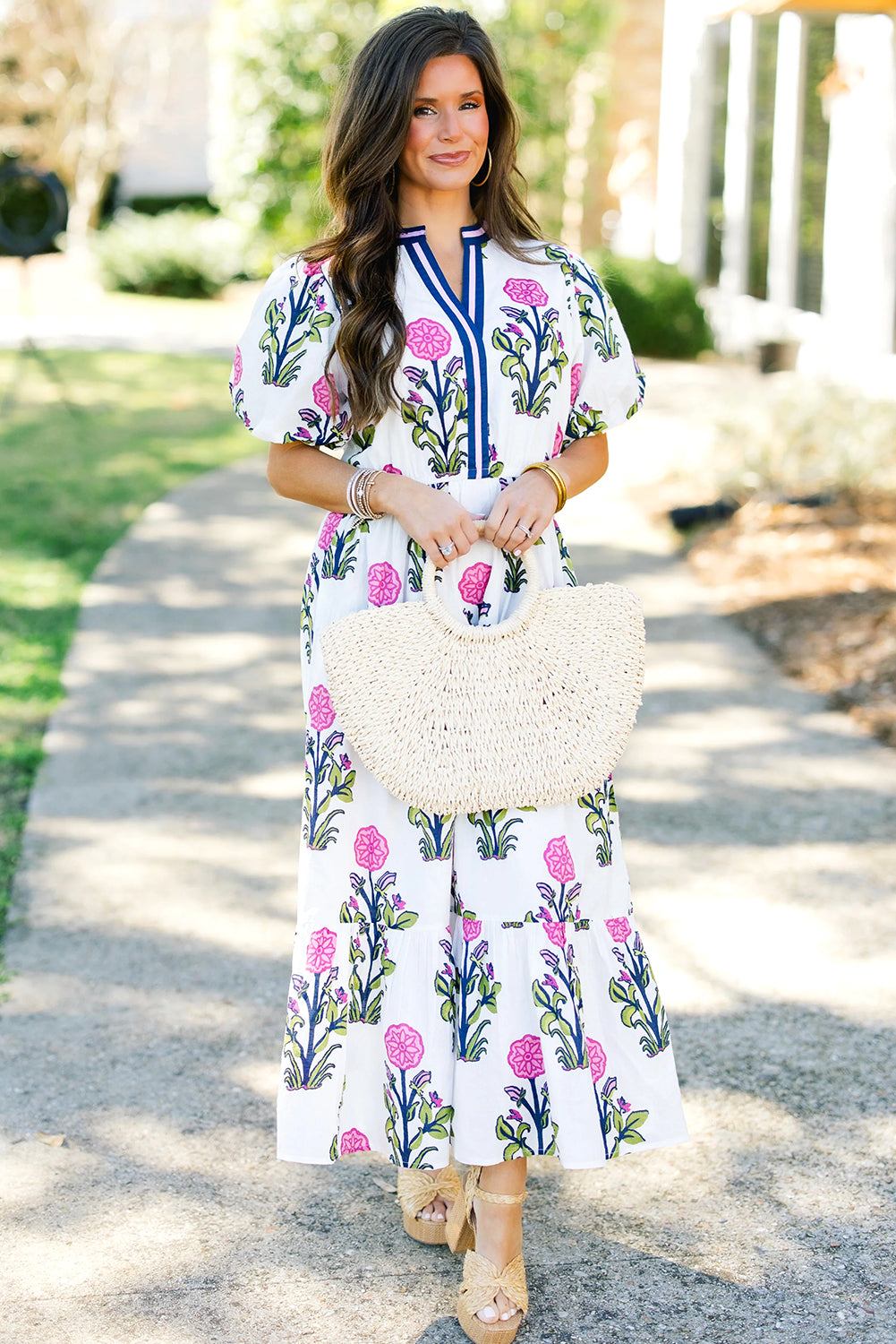 White Floral Ruffle Hem Pop of Color Neckline Dress - The Fair Lady Shop