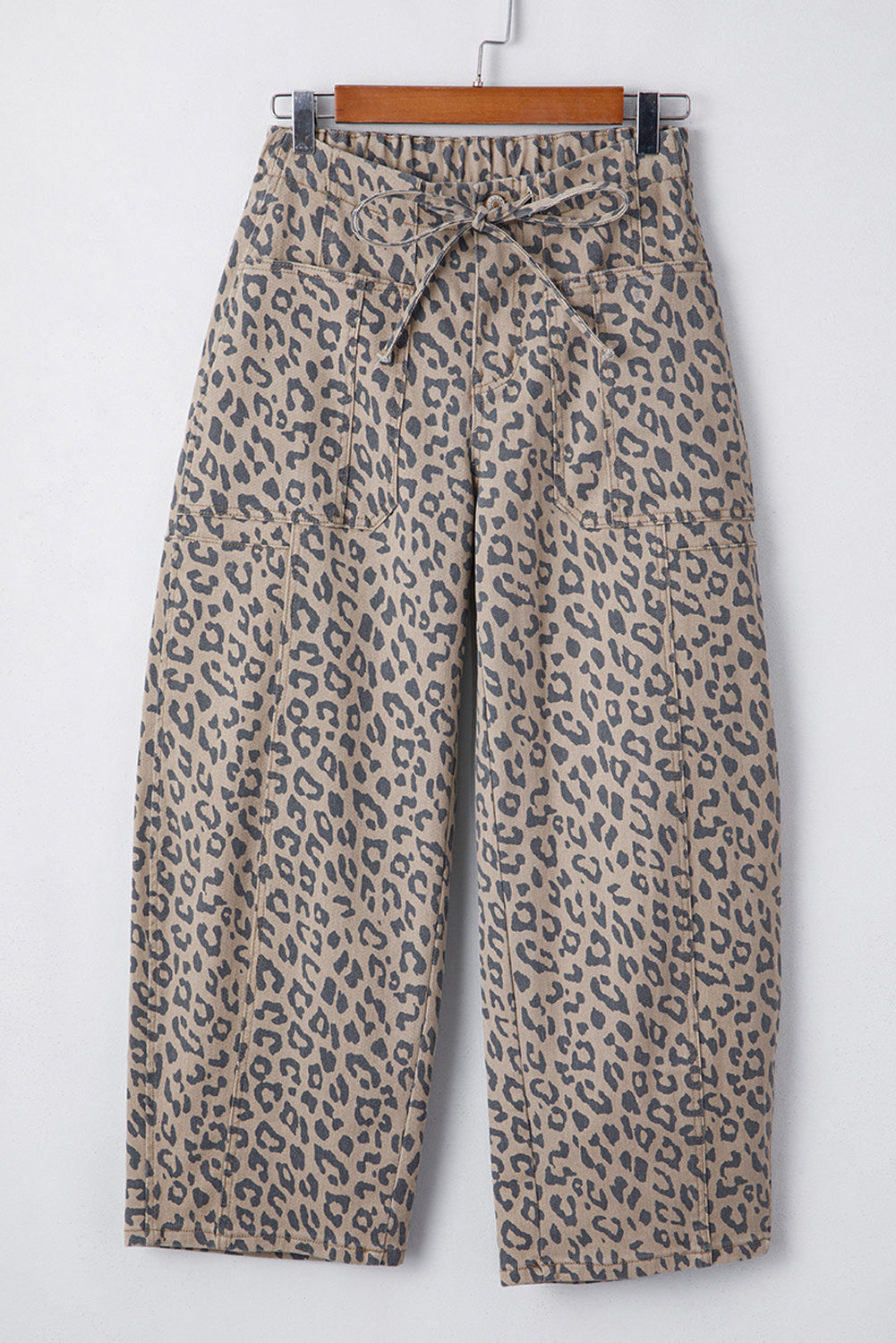 Khaki Leopard Print Drawstring Waist Pocketed Wide Leg Jeans - The Fair Lady Shop
