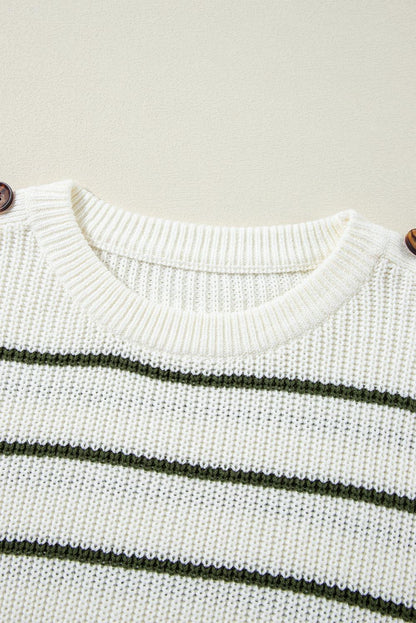 Green Color Block Striped Buttoned Shoulder Split Sweater - The Fair Lady Shop