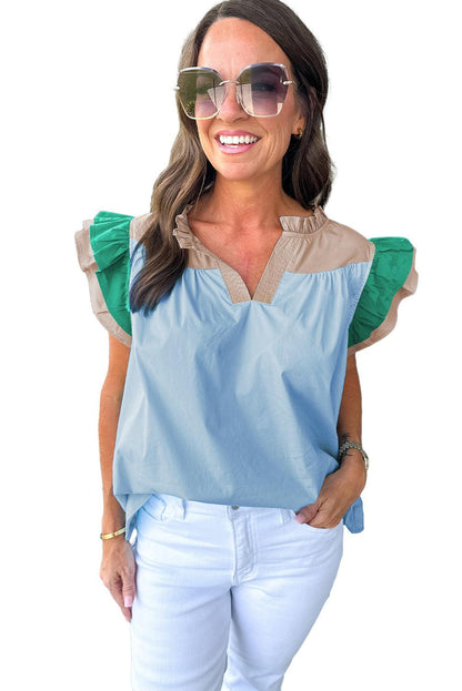 Mist Blue Colorblock Ruffled Sleeve Frill V Neck Blouse - The Fair Lady Shop