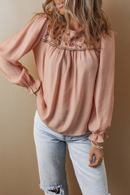 Gossamer Pink Floral Embroidered Crinkle Blouse - The Fair Lady Shop