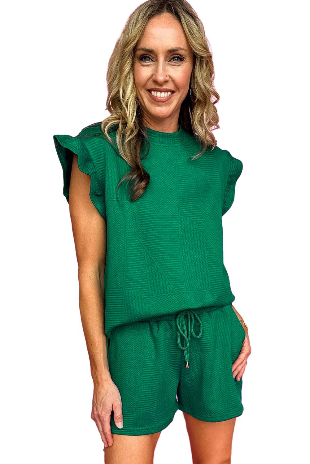 Dark Green Textured Ruffle Split Top and Drawstring Shorts Set - The Fair Lady Shop