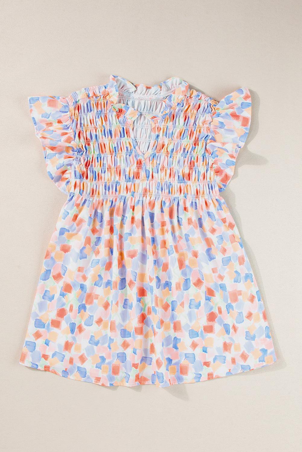 Pink Shirred Yoke Ruffle Abstract Blouse - The Fair Lady Shop