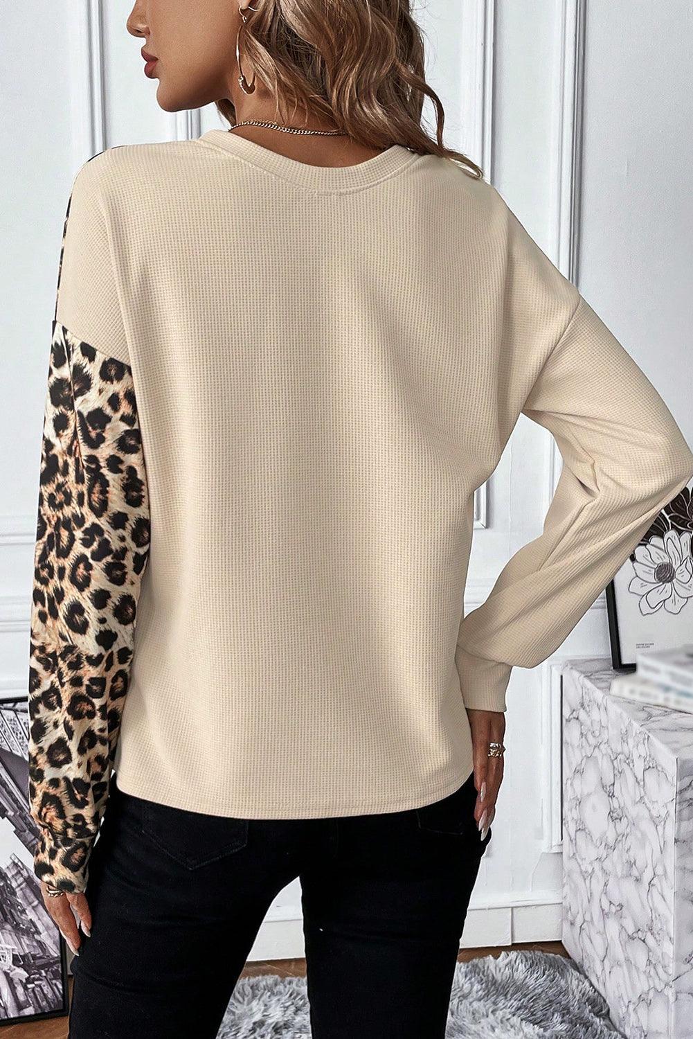 Bonbon Casual Waffle Knit Leopard Contrast Long Sleeve Top - The Fair Lady Shop