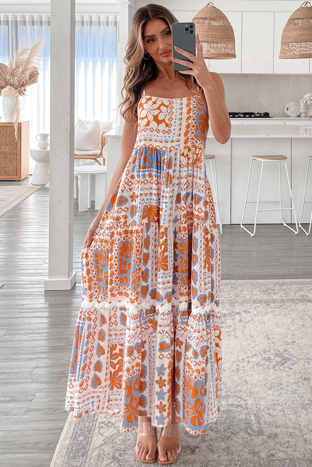 Orange Floral Print Ricrac Trim Spaghetti Straps Maxi Dress - The Fair Lady Shop