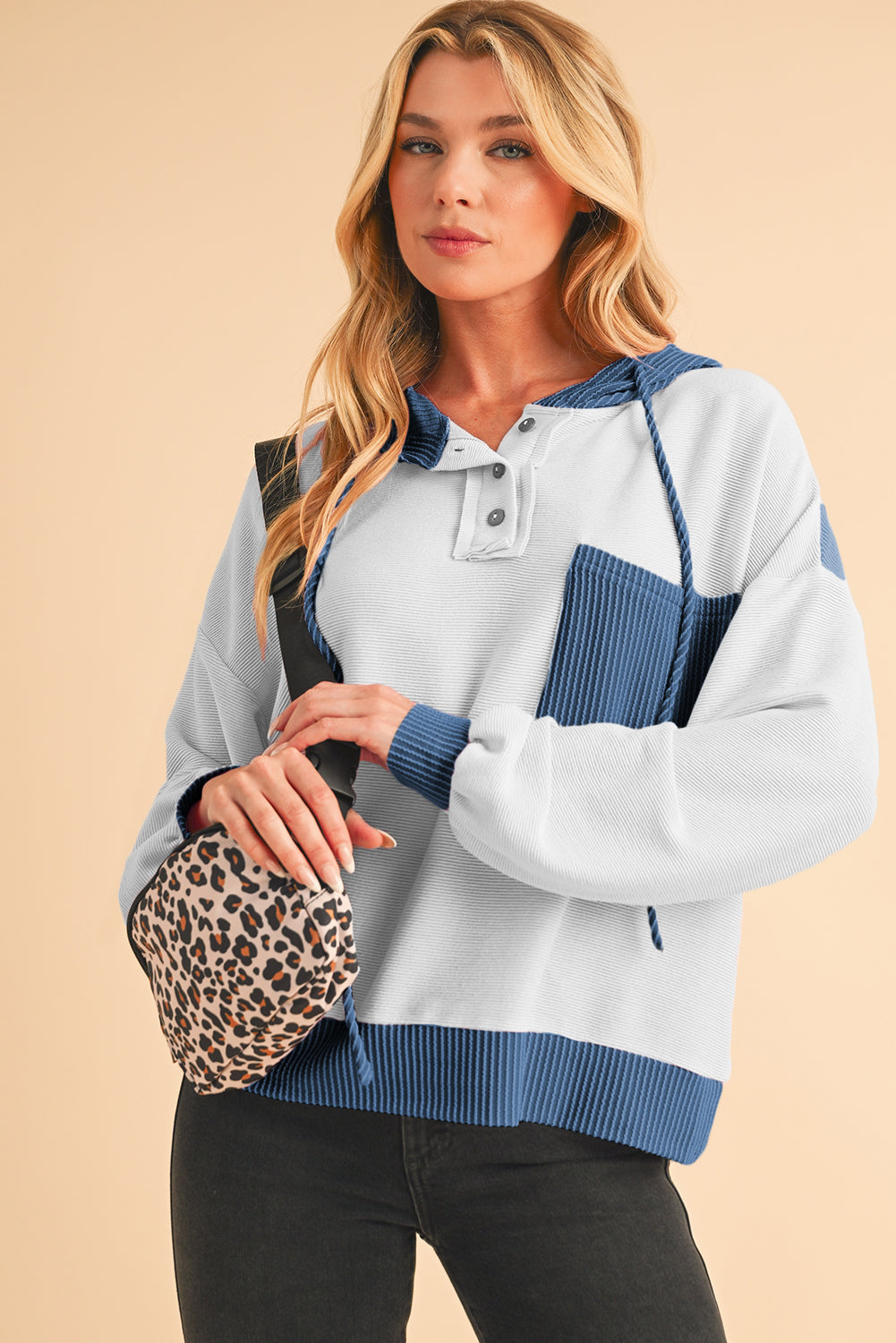 White Corded Patch Pocket Drawstring Henley Long Sleeve Top - The Fair Lady Shop