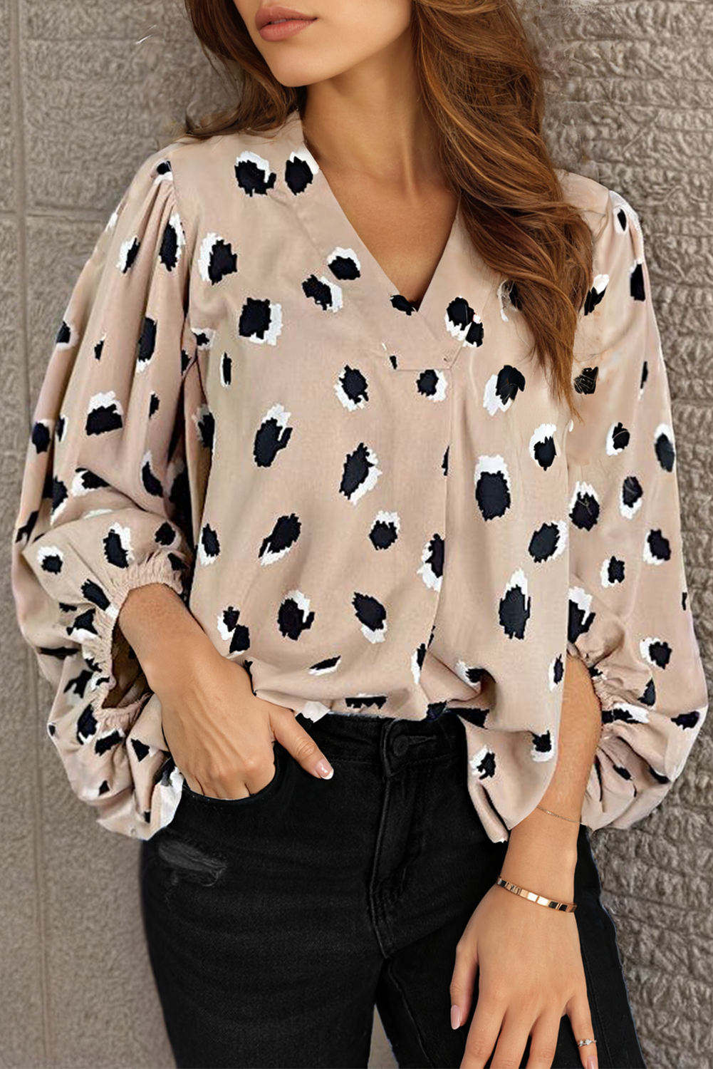 Khaki Leopard V Neck Bracelet Sleeve Blouse - The Fair Lady Shop