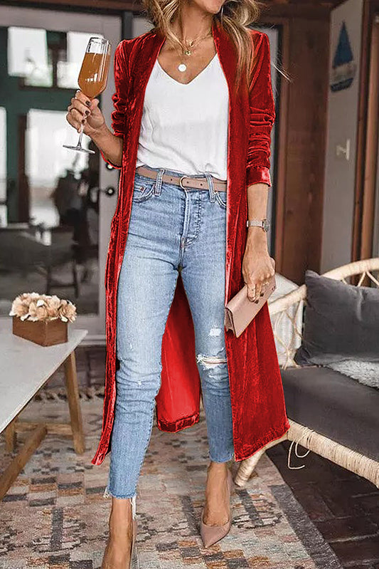 Red Velvet Elegant Open Front Pocket Long Cardigan - The Fair Lady Shop