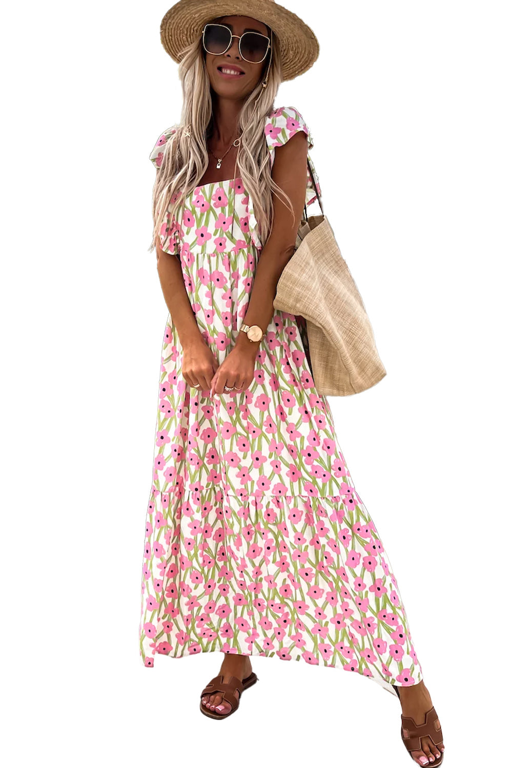 Pink Floral Print Square Neck Ruffled Strap Maxi Dress - The Fair Lady Shop