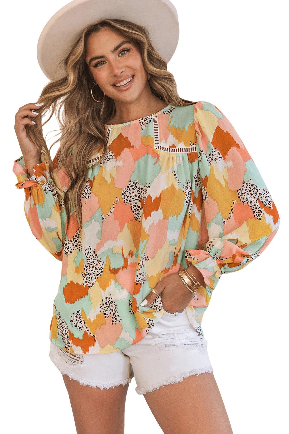 Multicolor Abstract Print Boho Ruffle Puff Sleeve Blouse - The Fair Lady Shop