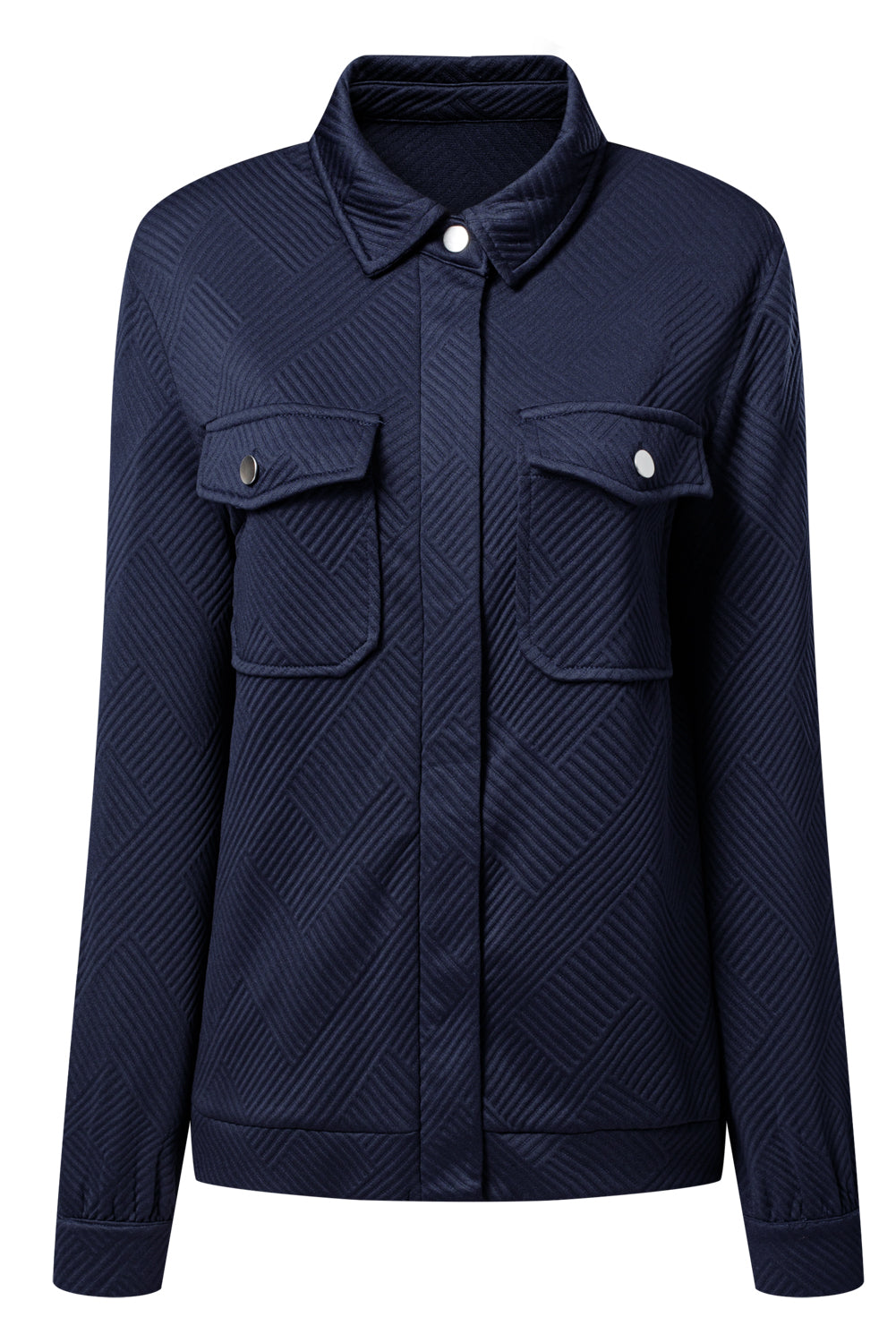 Navy Blue Solid Color Zip Up Button Flap Pocket Shirt Collar Jackets