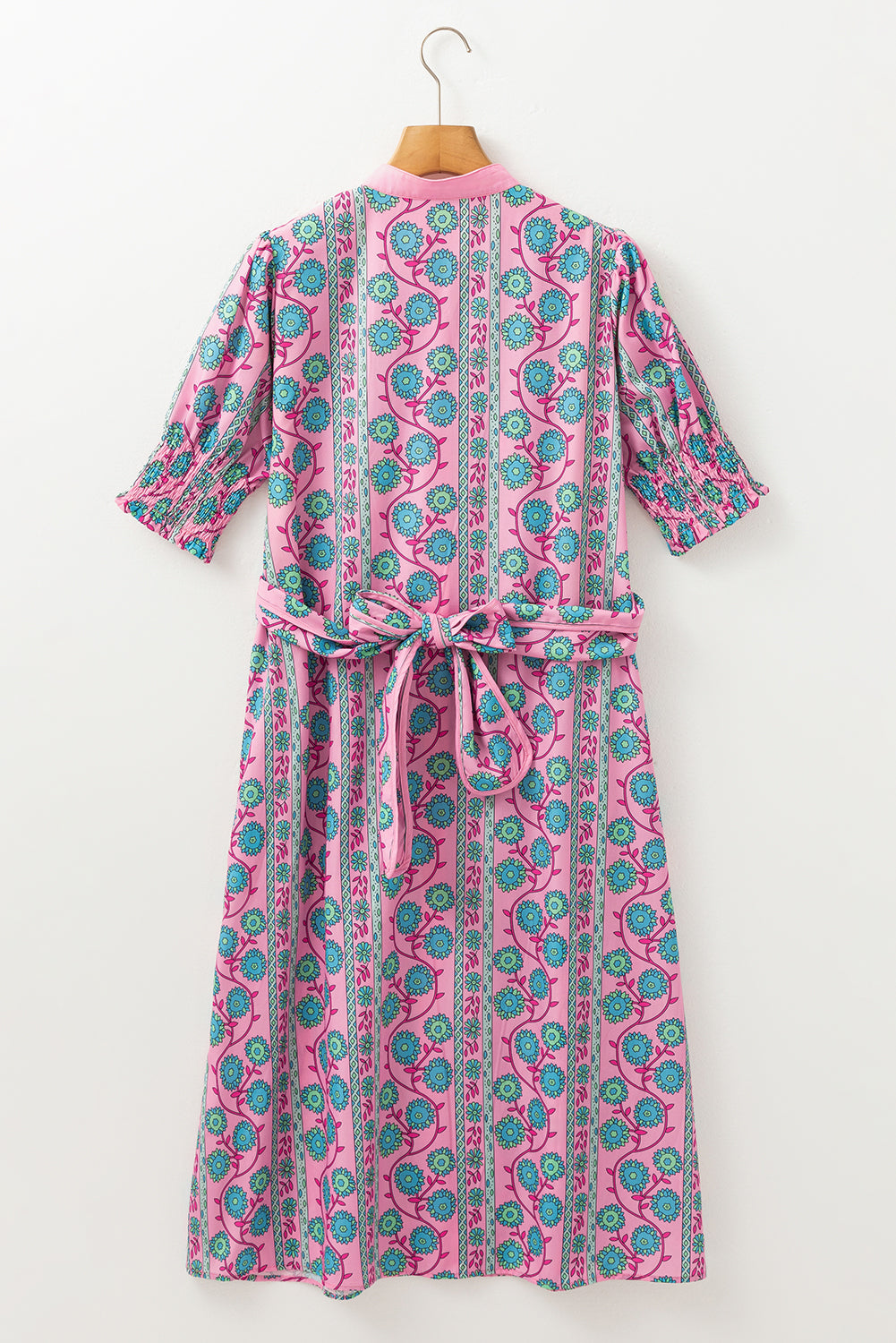 Pink Boho Floral Shirred Short Sleeve Belted Dress - The Fair Lady Shop