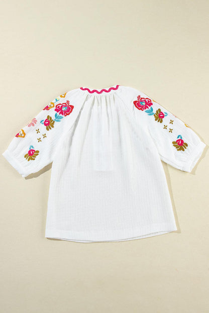 White Floral Embroidered Ricrac Puff Sleeve Textured Blouse - The Fair Lady Shop