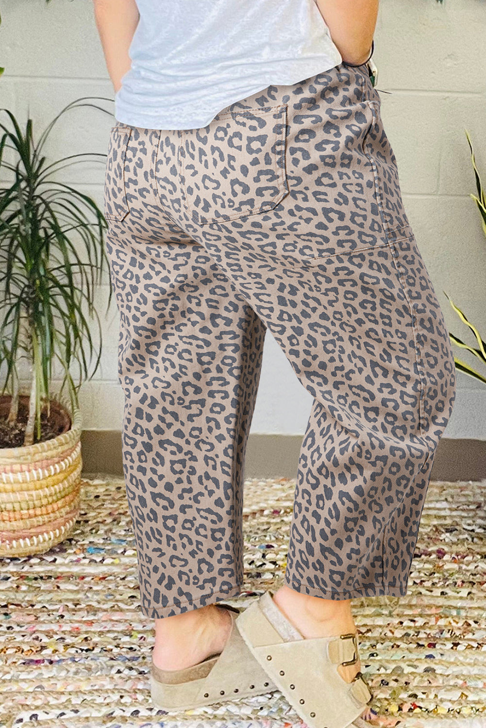 Khaki Leopard Print Drawstring Waist Pocketed Wide Leg Jeans - The Fair Lady Shop