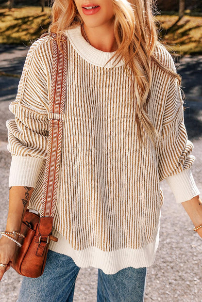 Chestnut Striped Contrast Trim Loose Sweater - The Fair Lady Shop