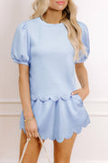 Beau Blue Puff Sleeve Pearl Embellished Scallop Hem 2-Piece Shorts Set