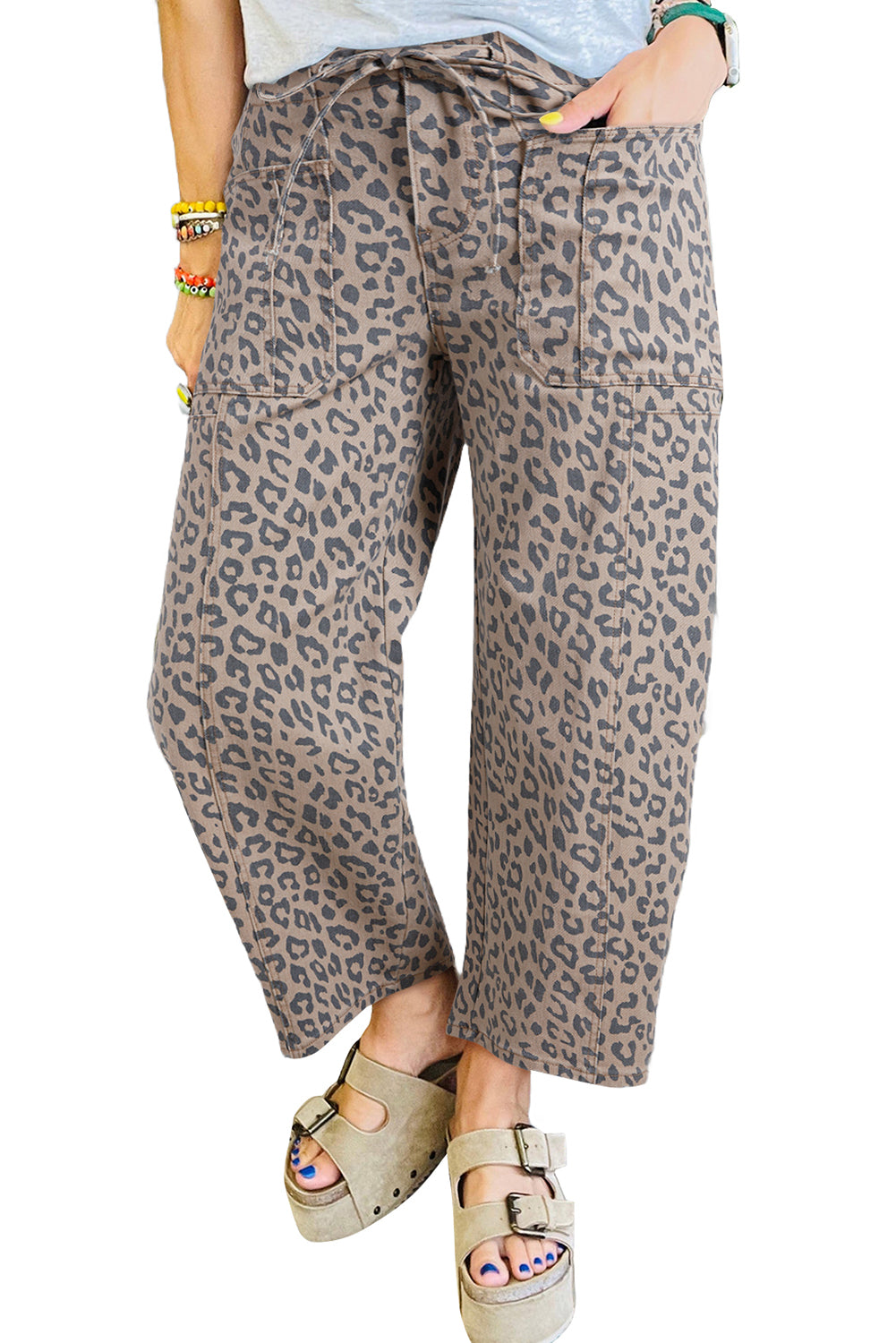 Khaki Leopard Print Drawstring Waist Pocketed Wide Leg Jeans - The Fair Lady Shop