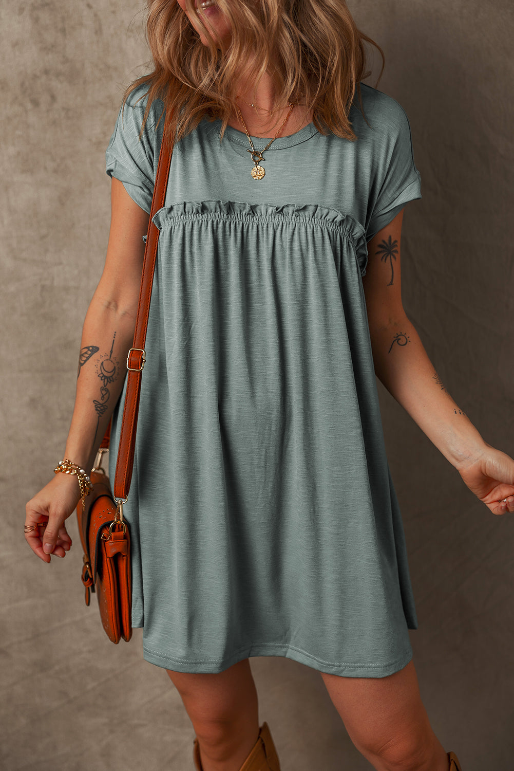 Mist Green Frilled Seam Round Neck T Shirt Dress - The Fair Lady Shop