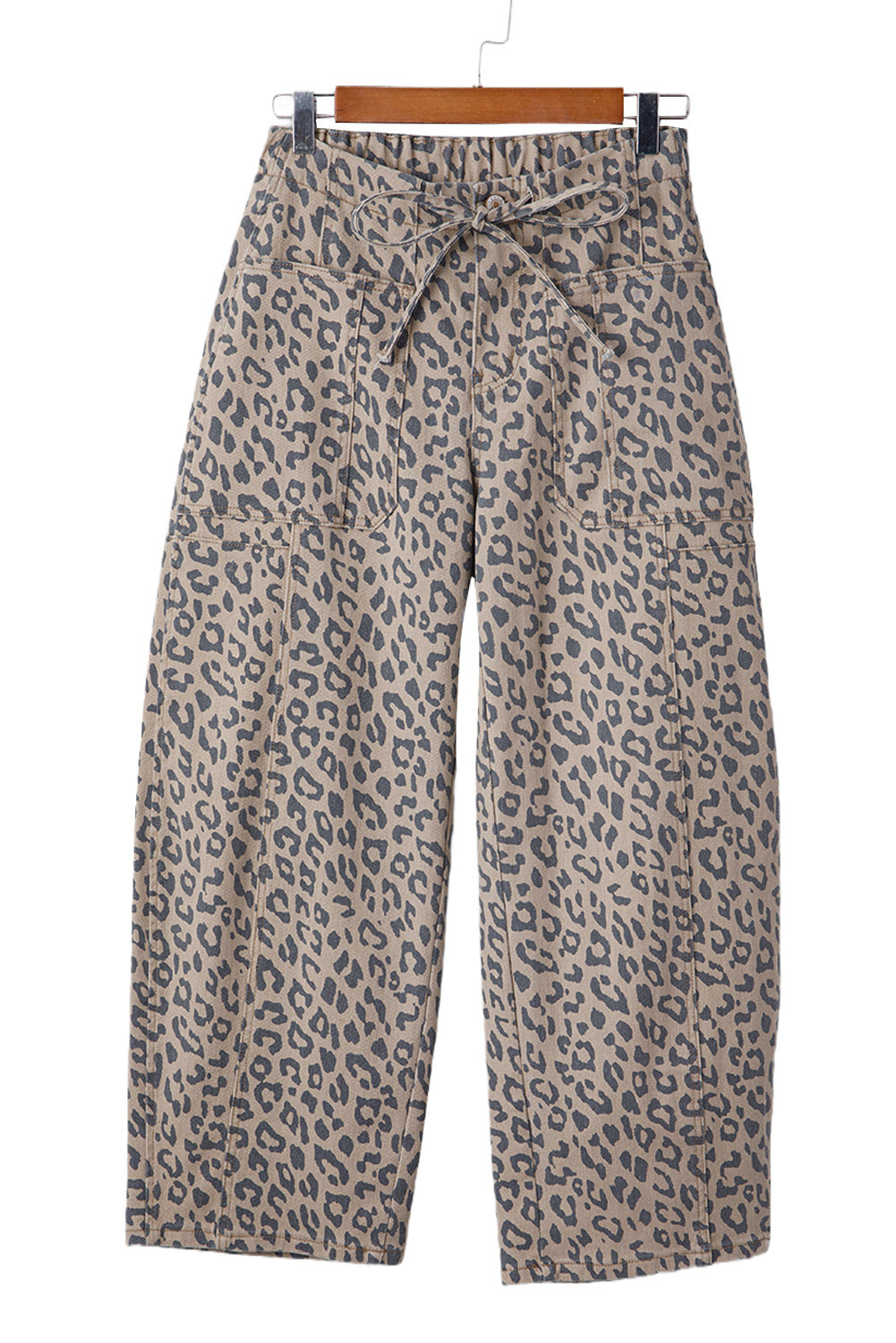Khaki Leopard Print Drawstring Waist Pocketed Wide Leg Jeans - The Fair Lady Shop