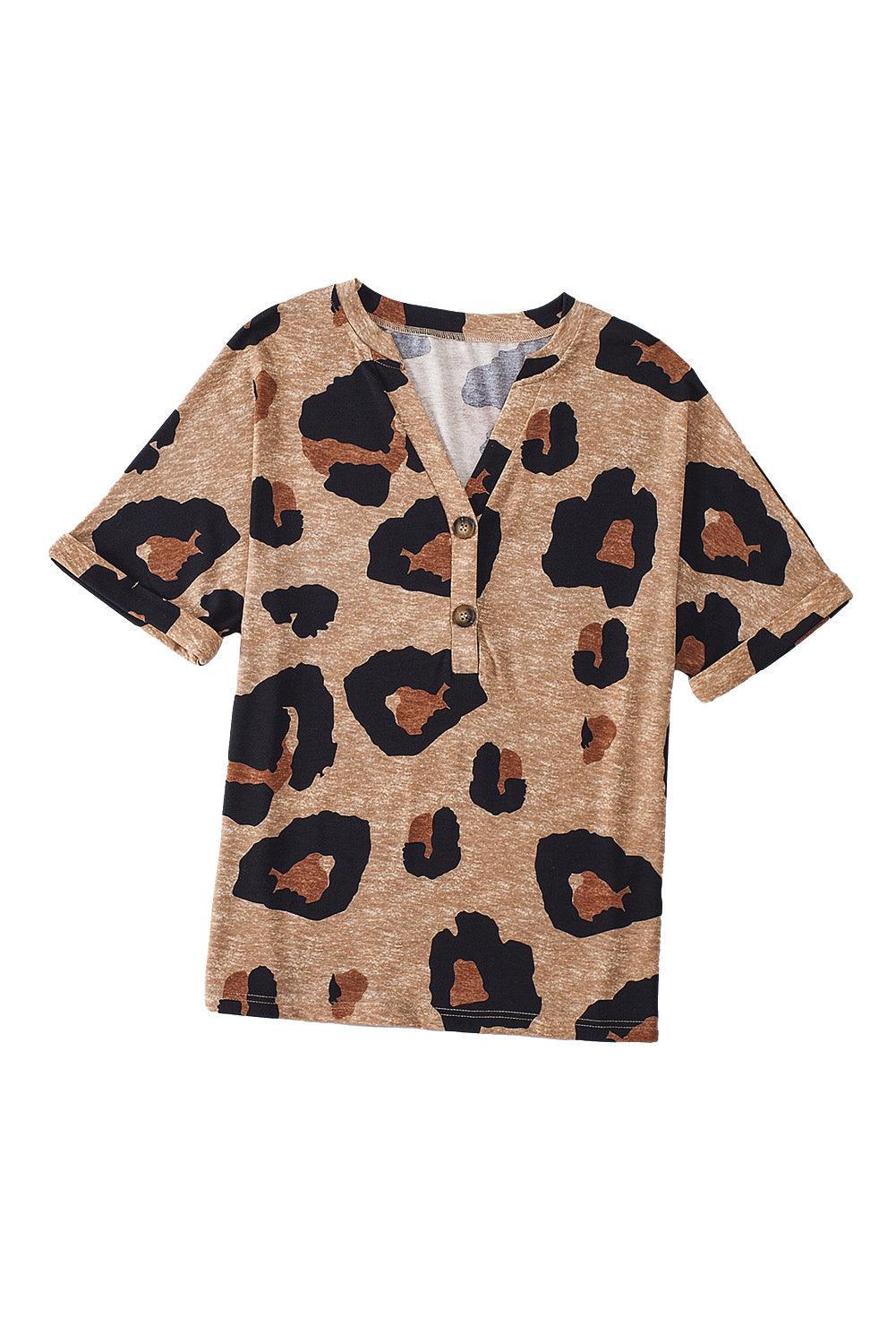 Light Beige Leopard Print Button V Neck T Shirt - The Fair Lady Shop