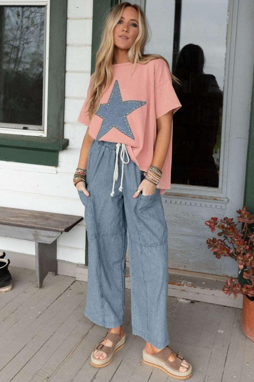 Apricot Pink Studded Star Patch Side Slits High Low Tee - The Fair Lady Shop